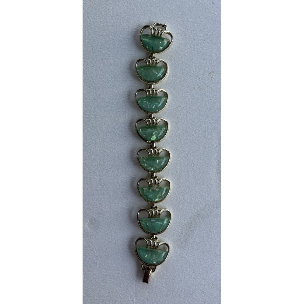 Vintage Coro Green Confetti Link Bracelet Gold Tone 7" Signed